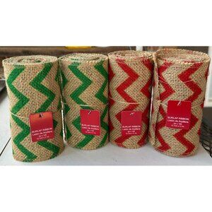 Lot of 4 Christmas Holiday Burlap Ribbon Green Red Chevron Pattern 5 in x 10 ft